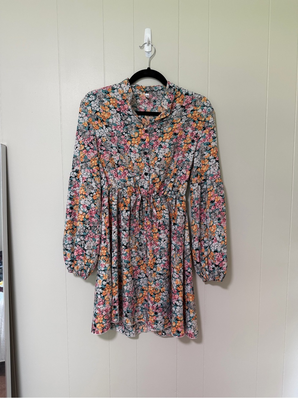 ePretty Floral Print Long Sleeve Tie-Waist Mini Dress - Pink, Yellow, Green